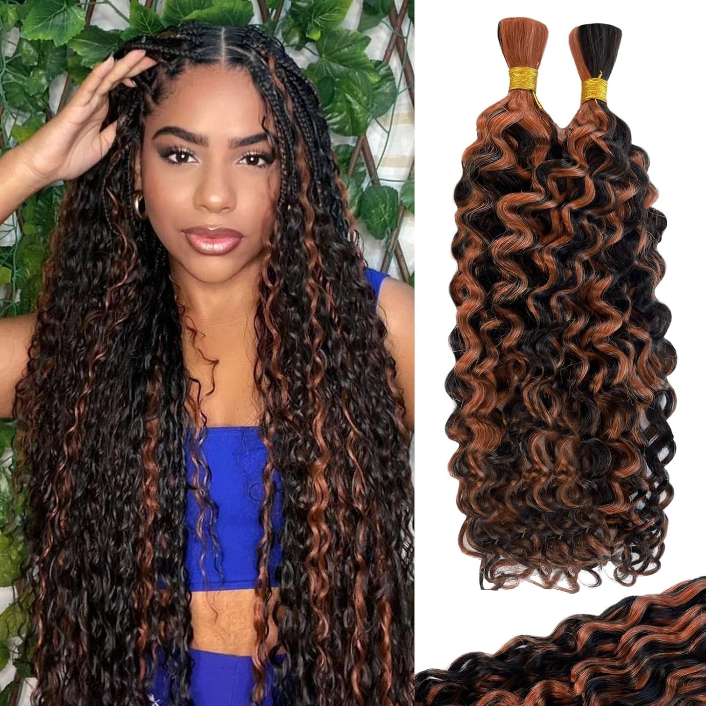 Braiding Human Hair Water Wave - 2 Bundles 100g Ombre Curly Extensions | 14 Inch Black/Brown Highlights