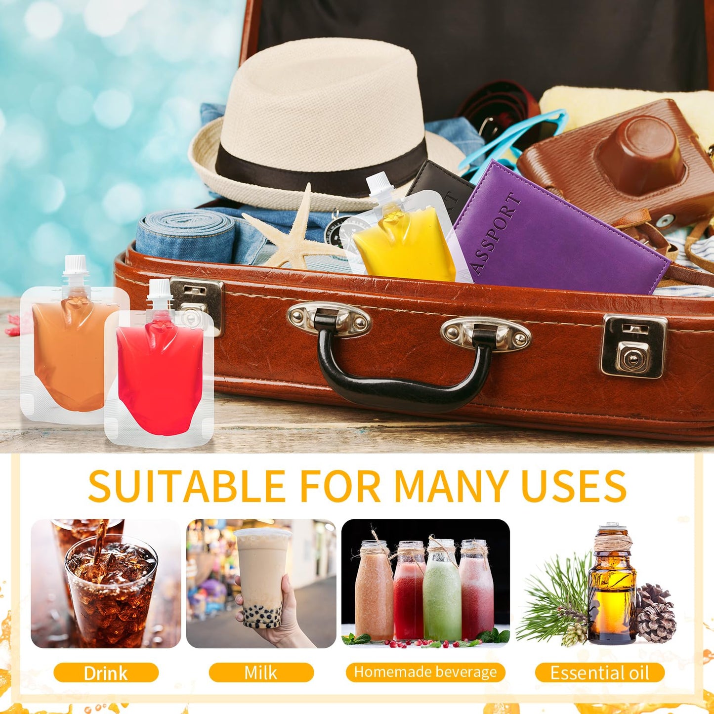 Seeloowy 100 Pcs Plastic Pouches Bulk Clear Juice Bags Squeeze Pouches Plastic Leak Proof Bags with Funnel for Party Favors (1 oz)