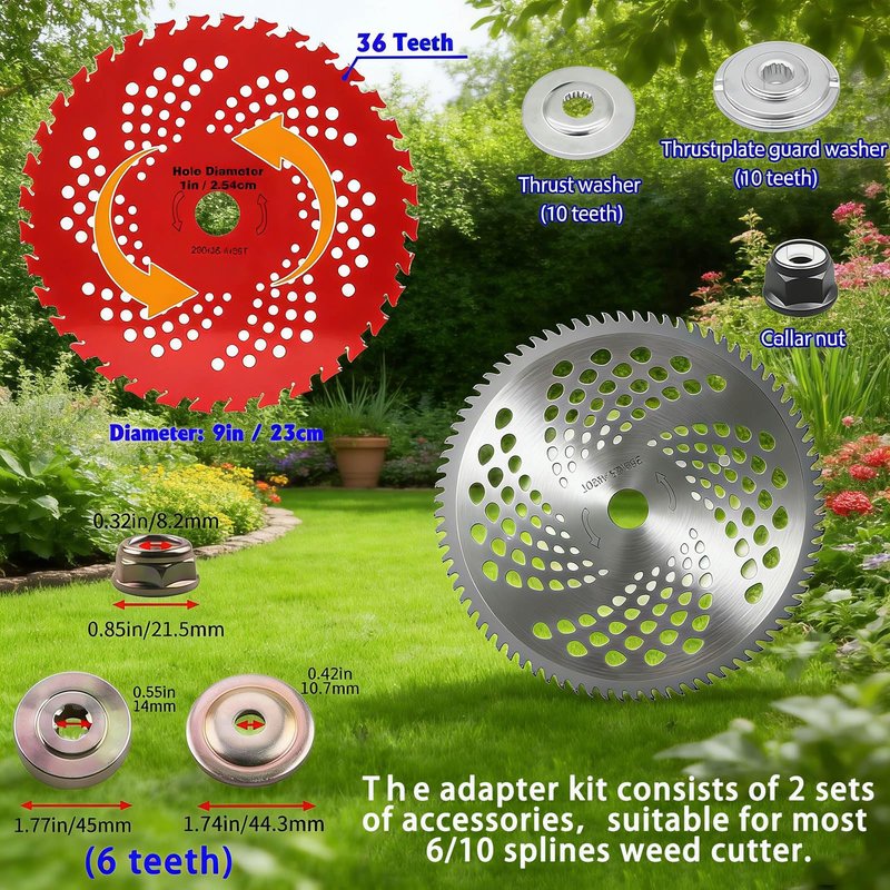 10inch 80T Brush Cutter Blade and 9inch 36T Weed Eater Blade with Heat Dissipation Holes, Steel Weed Eater Blades with Adapter Kit Compatible with Husqvarna Stihl Trimmer