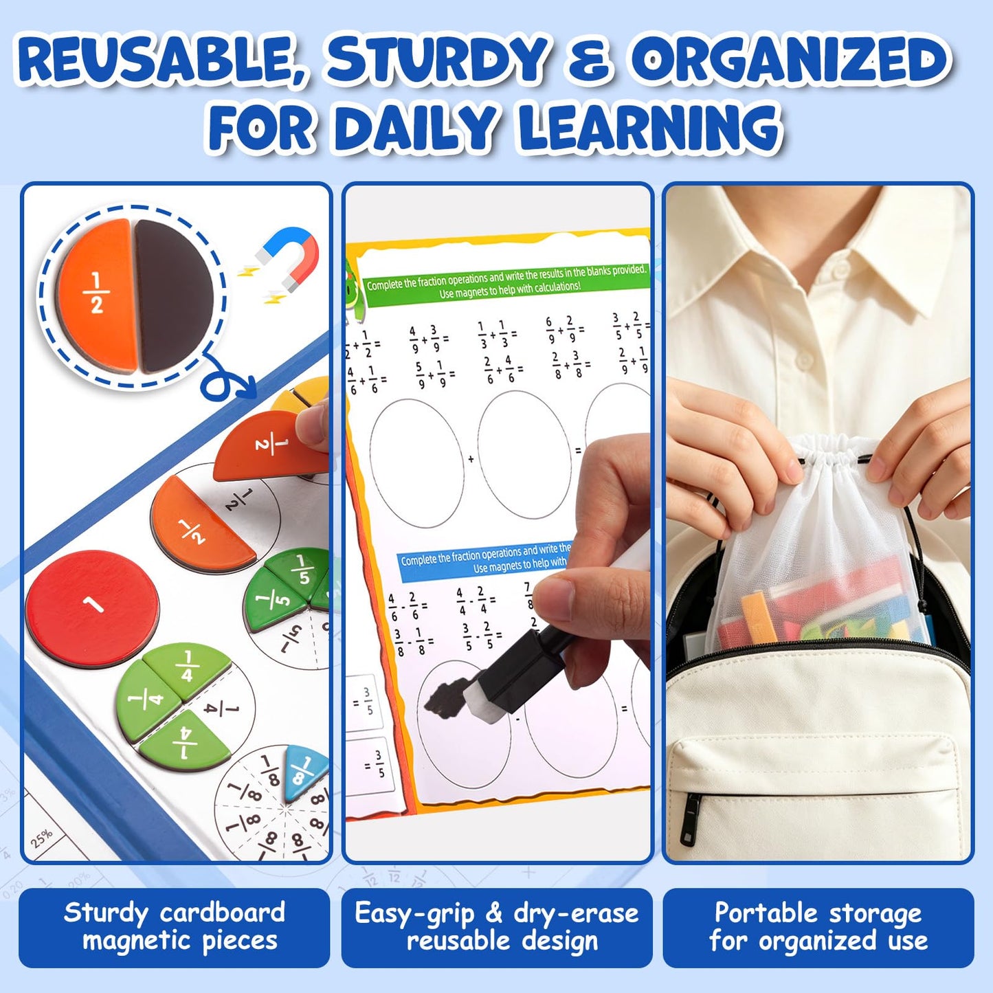 Magnetic Fraction Manipulatives for Kids, Fraction Tiles & Circles Educational Learning Set, Magnetic Fraction with Dry-Erase Practice, Homeschool & Classroom Math Teaching Tool for Elementary Math