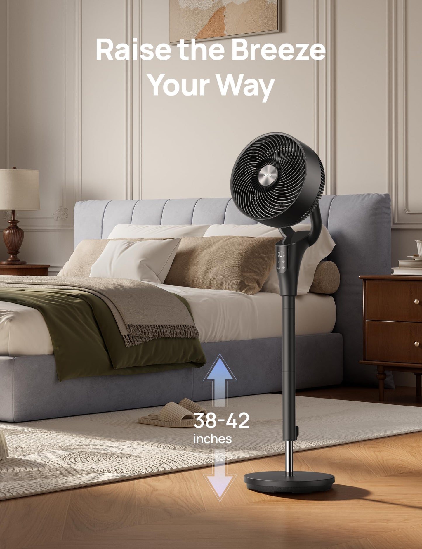 DREO Fan for Bedroom, 2026 Upgraded, 90ft Airflow, 20dB Quiet Fan, 90° Oscillating Standing Fan for Whole Room, DC Motor, 8+H Speeds, 3 Modes, 38-42'' Adjustable Height, 8H Timer, 105° Manual Vertical