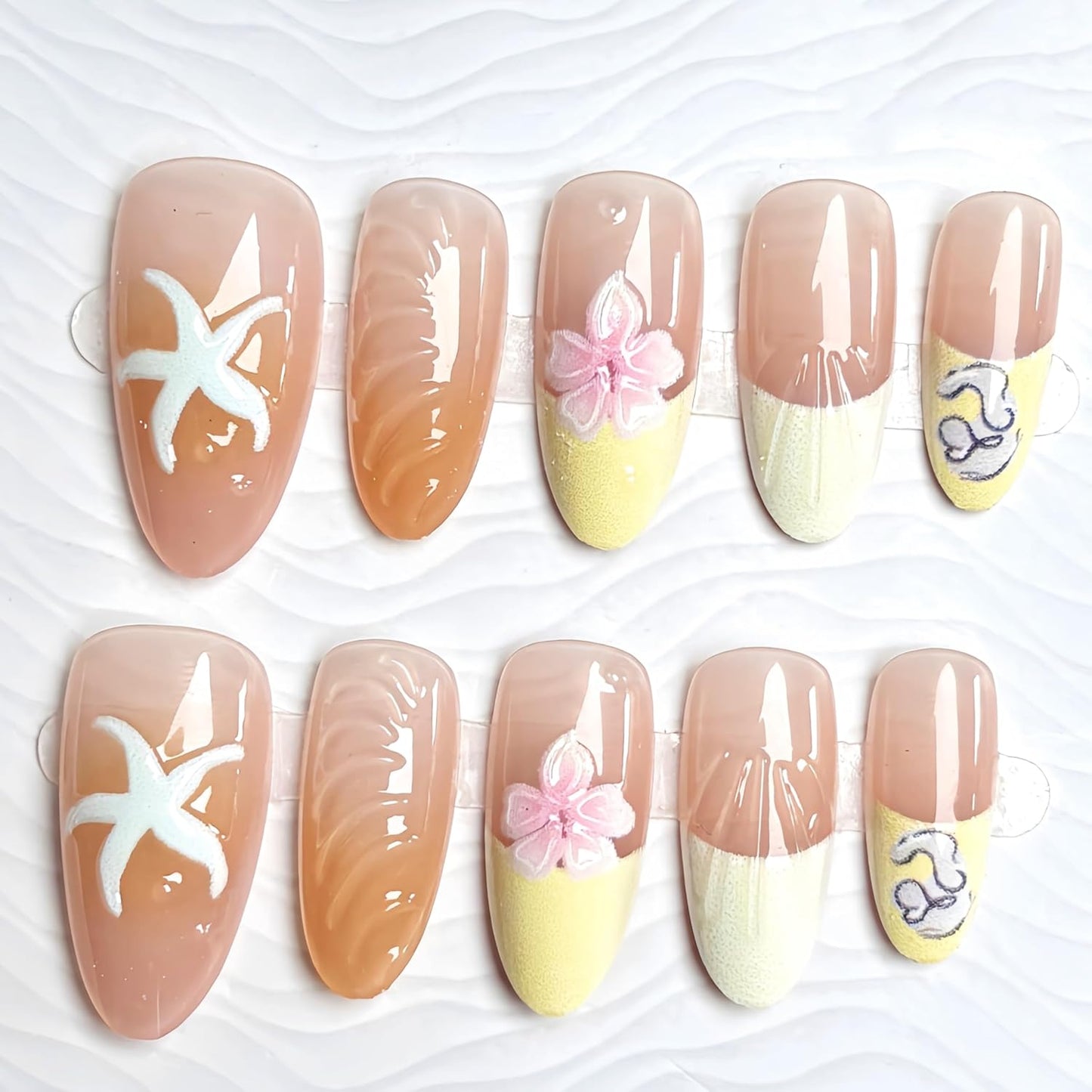 3D Handmade Press-On Nails - Summer Starfish Floral Design | Medium Almond Full Cover Ocean Theme