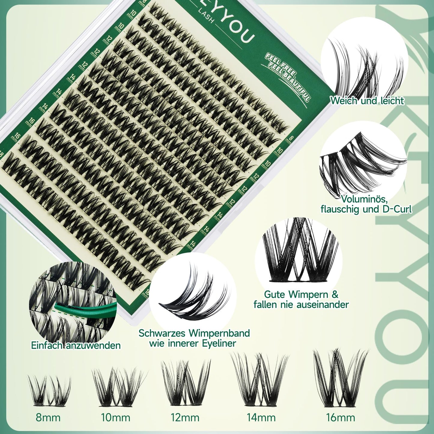 KEYYOU Flora Lash Clusters Flaunt Eyelash Clusters D Curl Cluster Eyelash Extensions 8-18mix False Eyelashes 132pcs Classic Wispy Natural Lash Cluster with Spikes（F01）