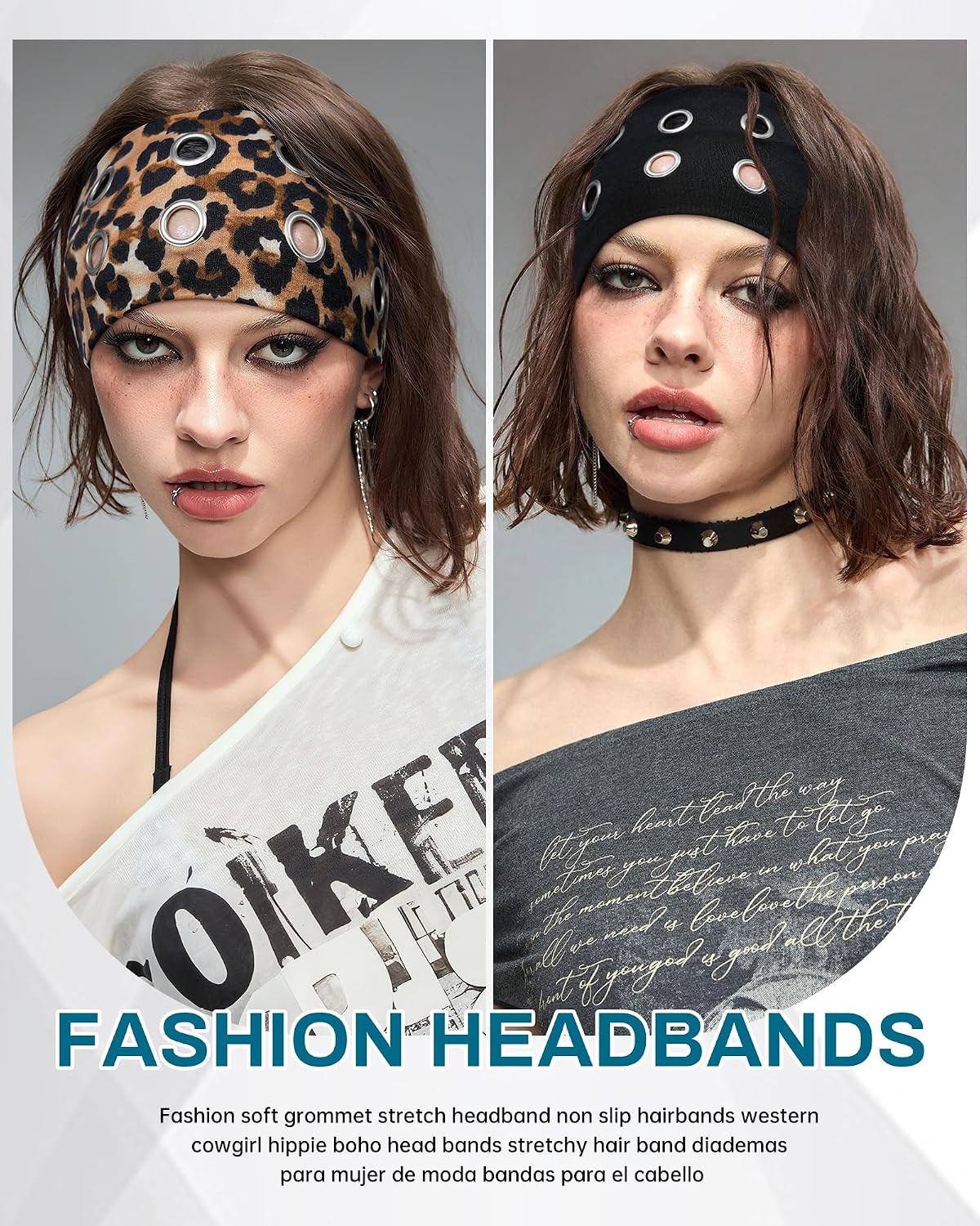Fashion Grommet Wide Headbands for Women - 3 Pack Hollow Out Elastic Hair Accessories | Black, Snakeskin, Leopard, 3.9" Wide
