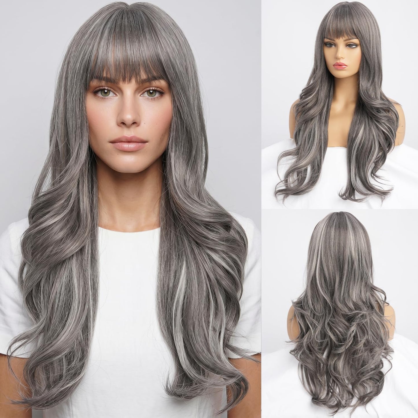 Long Black Wig with Bangs - Medium Length Wavy Layered Style | Heat Resistant Synthetic Hair (28 Inches)