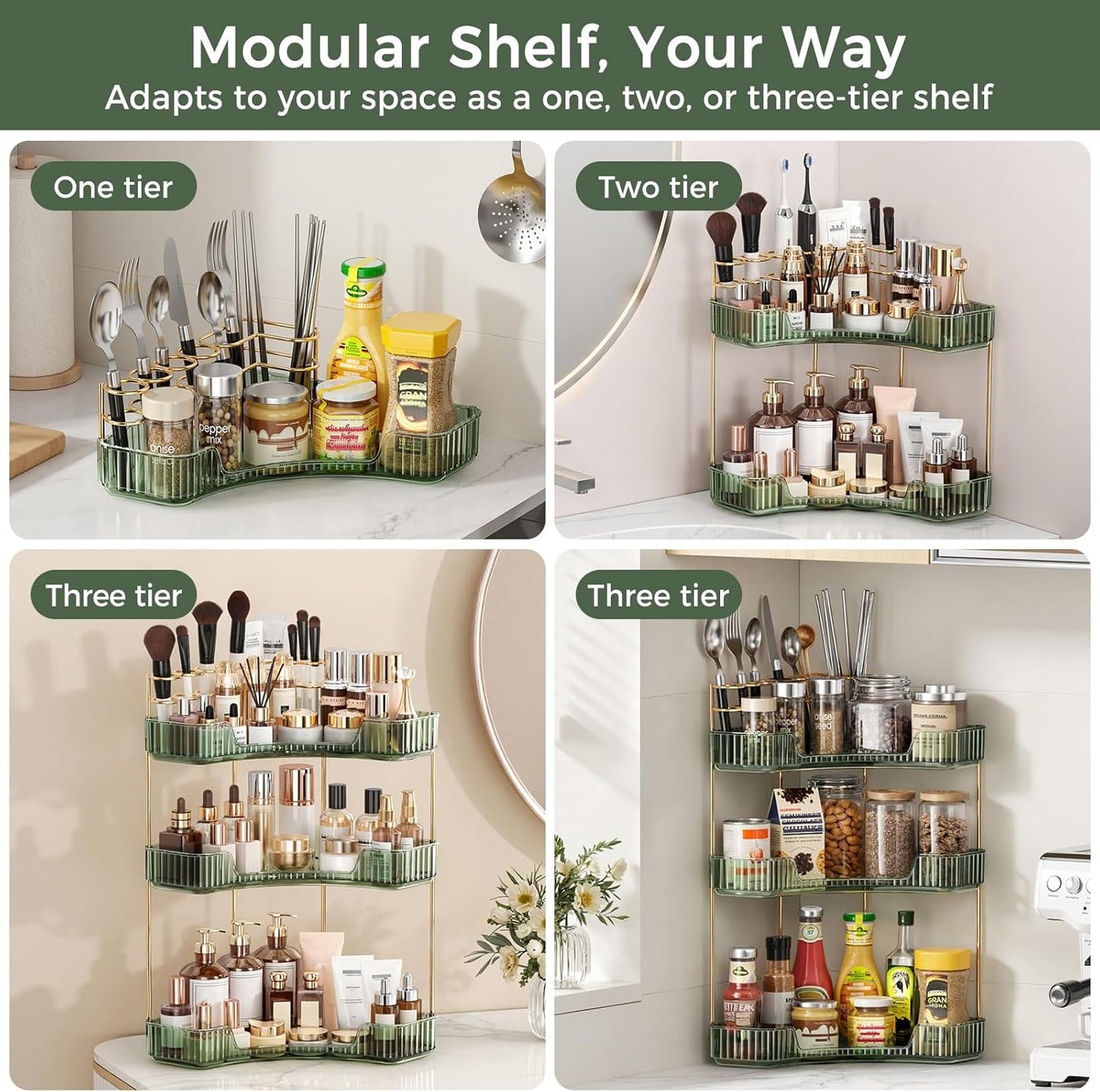 Corner Bathroom Counter Organizer - 2-Tier Makeup & Skincare Storage with Brush Holder | Green
