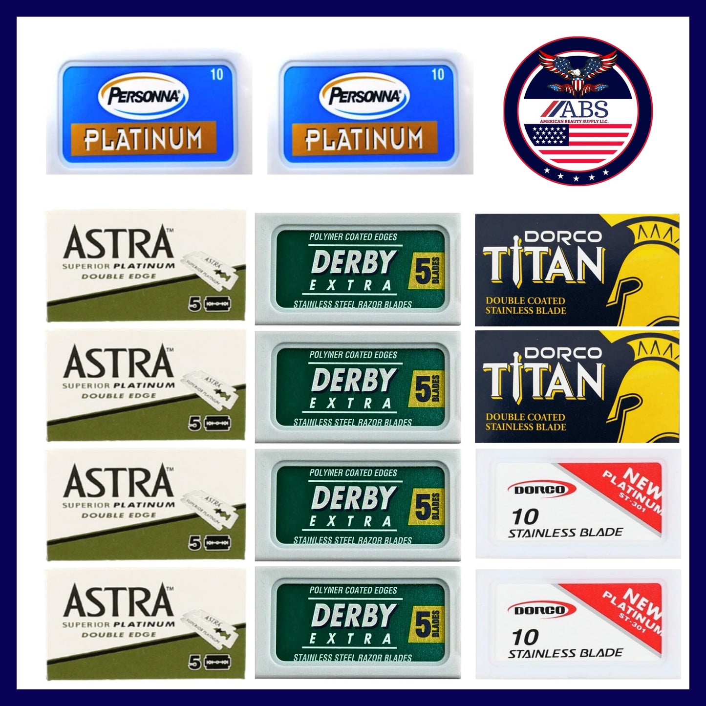 ABS American Beauty Supply Double Edge Safety Razor Blades Sampler Pack for Men-Includes 4 Top Global Brands: Personna Dorco Astra Derby-Comfortable Shaving –Fits All Double Edge Safety Razors (100)
