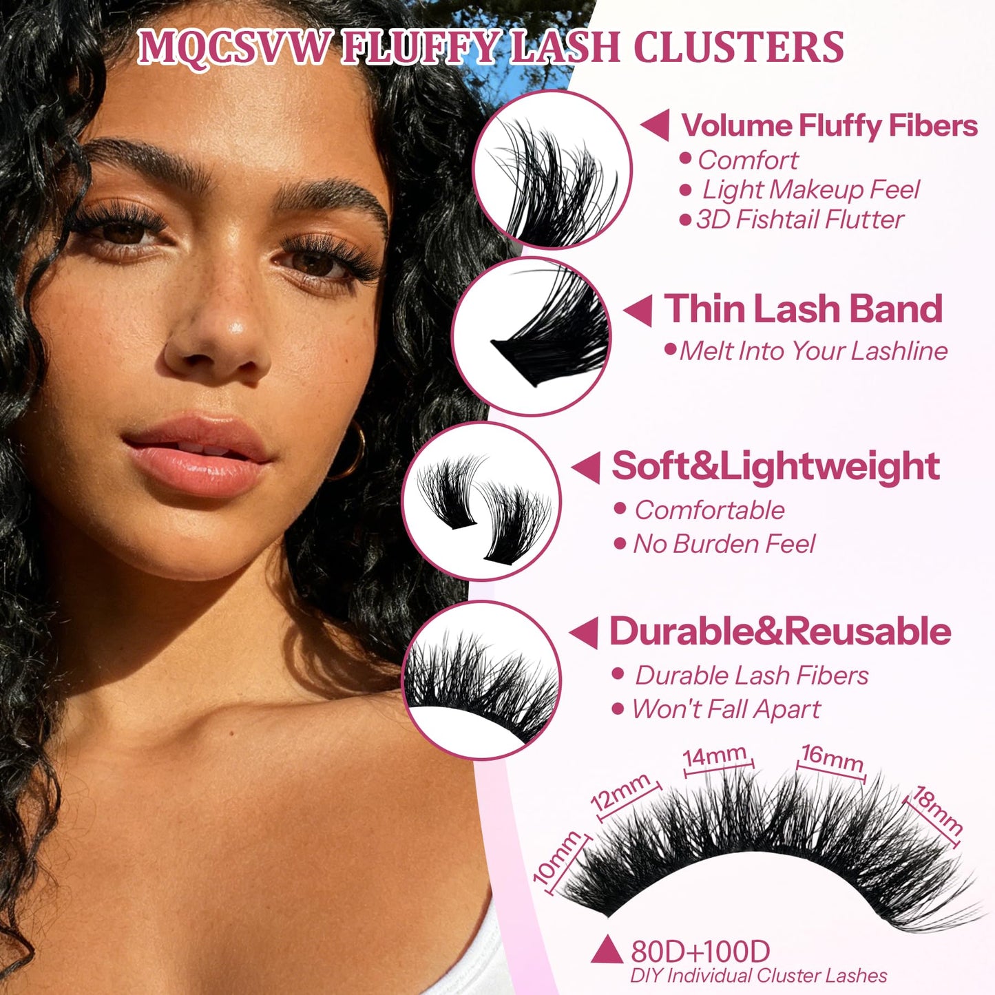 Lash Clusters Kit Fluff 60D+80D+100D+200D Individual Lashes 10-18mm D Curly Cluster Wispy Eyelash Extensions Thick False Eyelashes, with Tweezers Bond Seal Brush Remover Diy