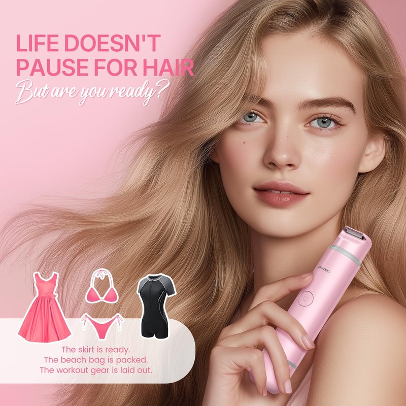 Bikini Trimmer for Women Dual Head Facial Hair Remover 2 in 1 Electric Razors for Women,Waterproof Public Hair Trimmer for Face,Underarm,Leg,USB-C Smart Light (Pink)