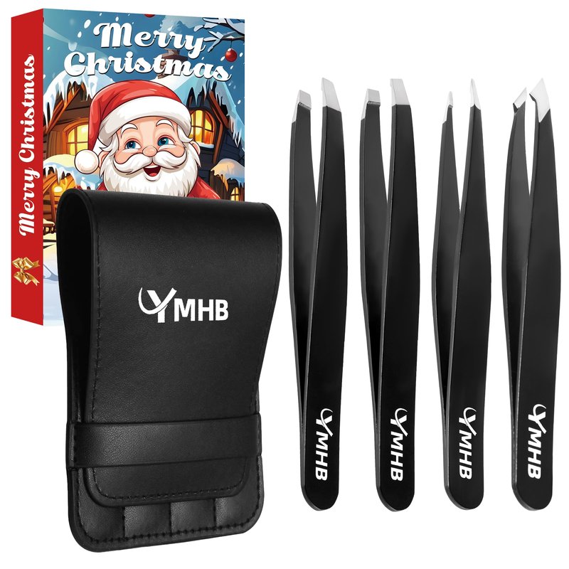 Tweezers Set - 4Pcs Stainless Steel Eyebrow Tweezers, Great Precision for Facial Hair, Splinter and Ingrown Hair Removal Gifts for Women, Christmas Stocking Stuffers Gifts for Adults Men Women