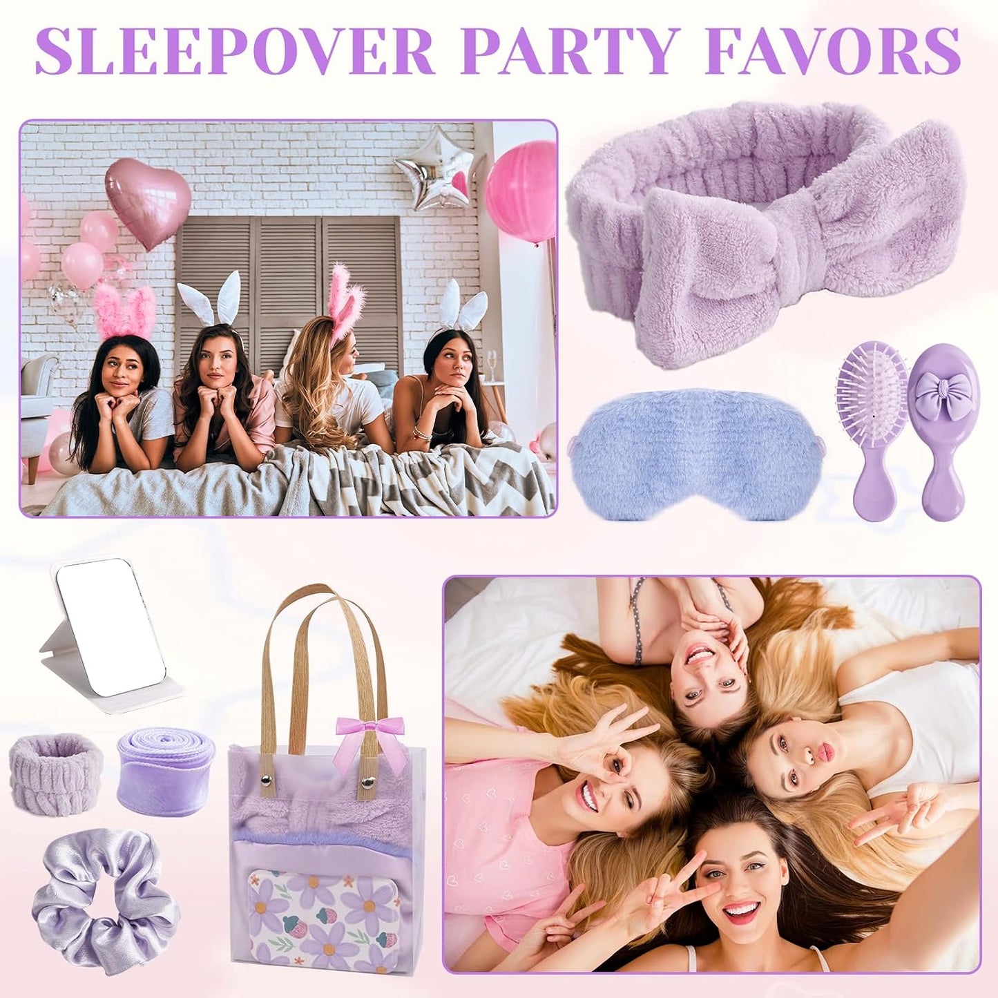 Spa Party Favors Set - 65 Pcs Bridesmaid Proposal Gifts | Skincare Headband, Eye Mask, Hair Comb & More - Purple