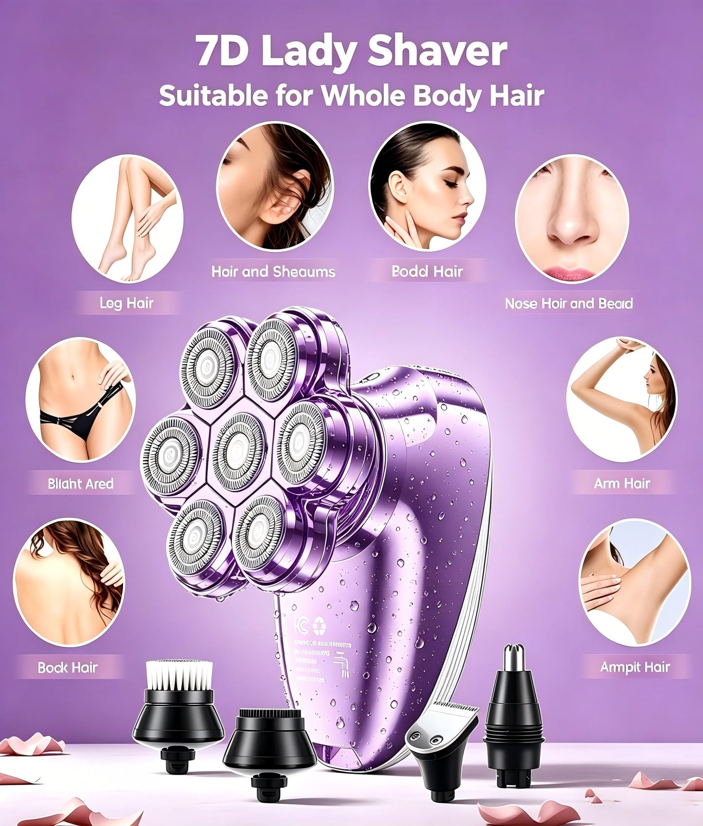 Electric Razors for Women, 7D Magnetic Heads Full Body Shaver, 5-in-1 Waterproof Wet Dry Hair Remover with LED Display, Bikini Trimmers for Underarms, Face, Legs, Lips, Arms