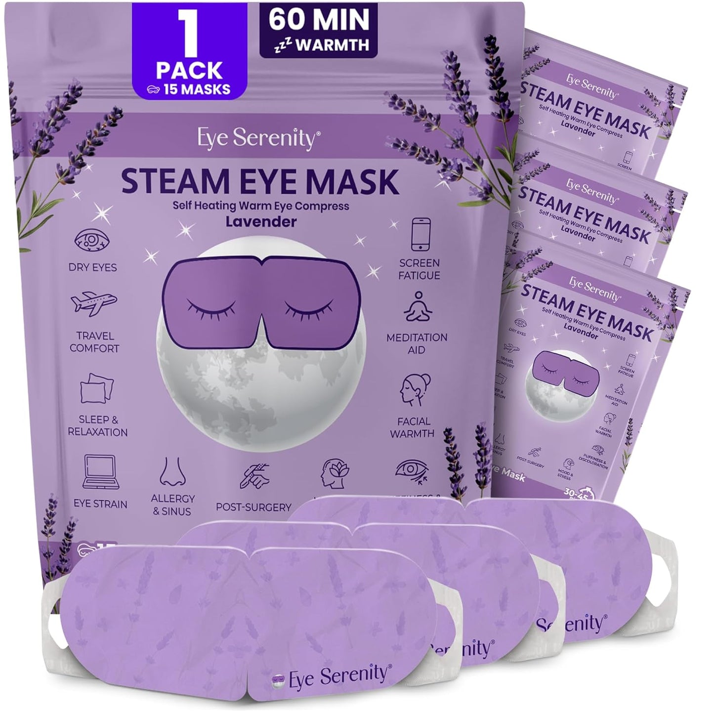 Heated Eye Mask - Eye Serenity Steam Mask for Dry Eyes | Moist Heat Relief for Styes & Puffiness - Lavender