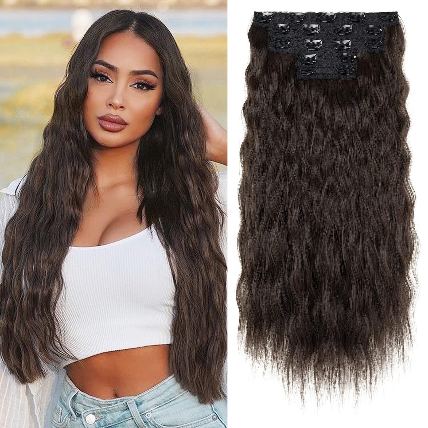 Clip In Hair Extensions - 5PCS Ash Blonde Highlights | 24" Thick Loose Waves, Soft & Natural Hairpieces for Women