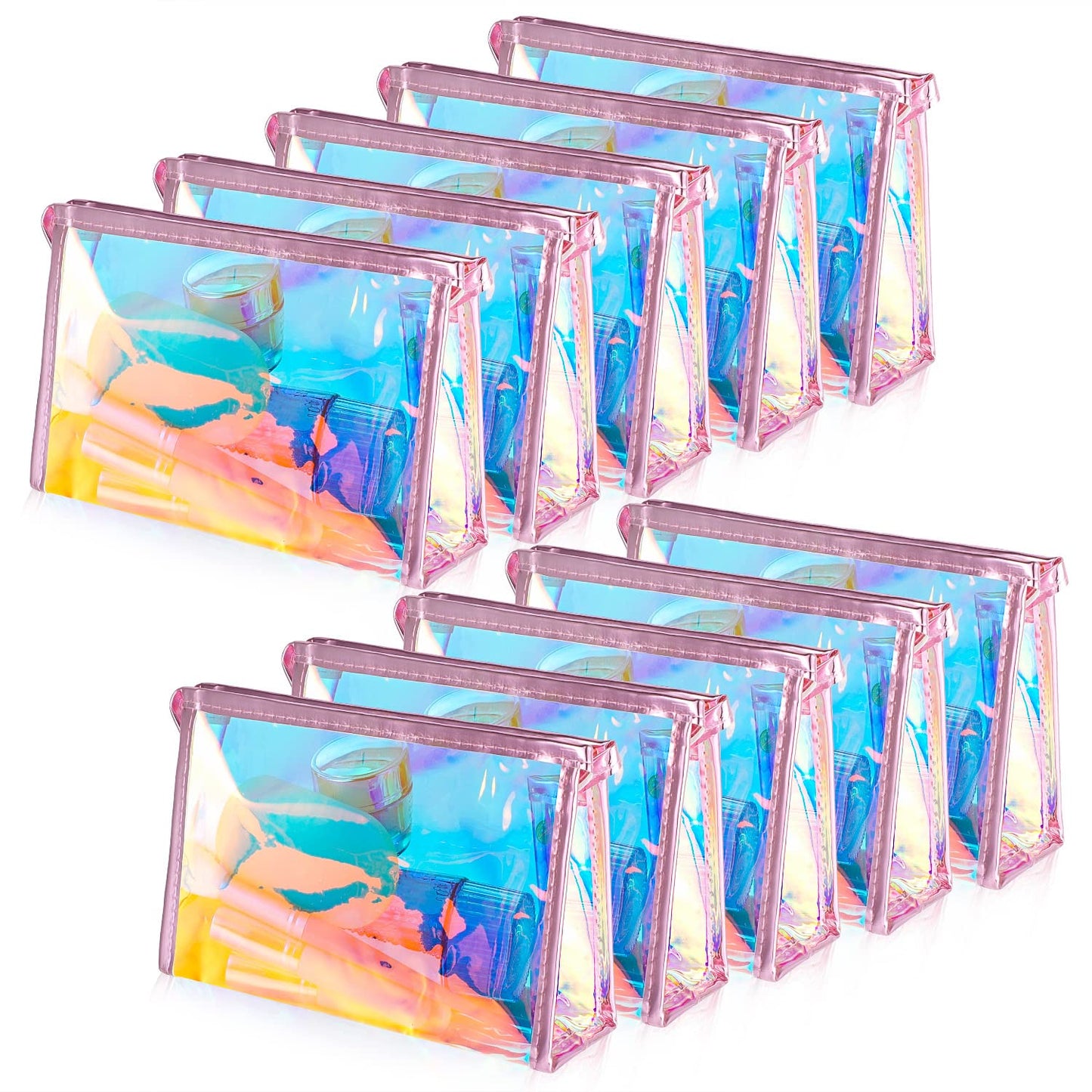 BESARME 10 Pcs Holographic Makeup Bags, Clear PVC Travel Toiletry Bag Iridescent Pouch Portable Zippered Waterproof Cosmetic Bag SPA Bathroom Vacation Party Favors Bachelorette Gifts Wedding Favors