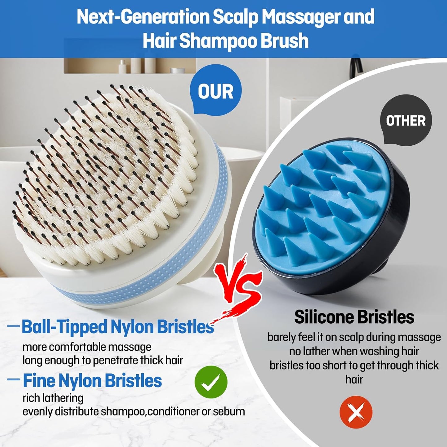 Scalp Massager - Double-Layer Bristles Hair Washing Brush | Curved Anti-Slip Dandruff Scrubber for Wet & Dry Use
