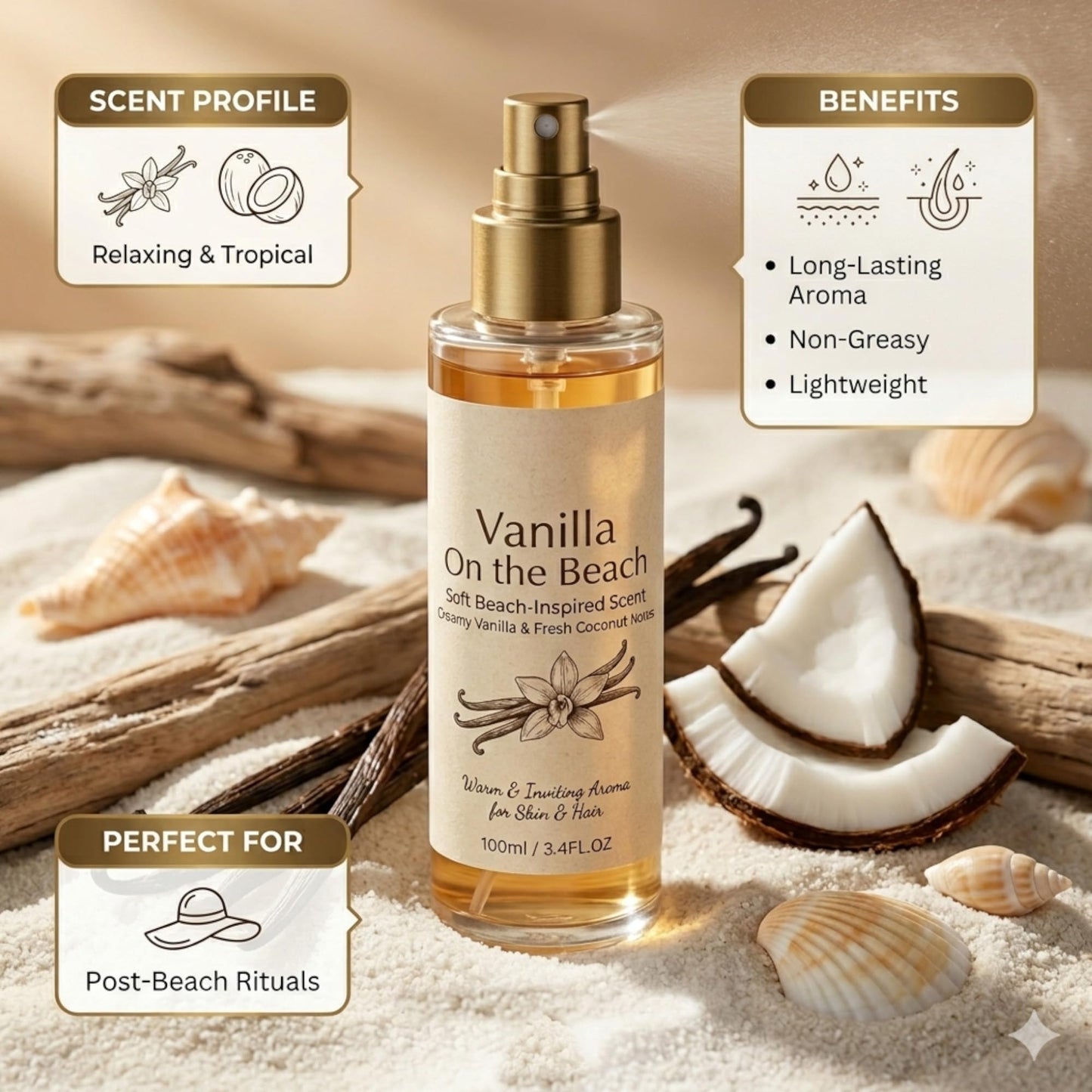 Vanilla On The Beach Hair and Body Mist, Vanilla Body Spray for Women with Pink Pepper, Cashmere Wood & Sandalwood, Suitable for Daily Use, Travel, Gifts-100ml