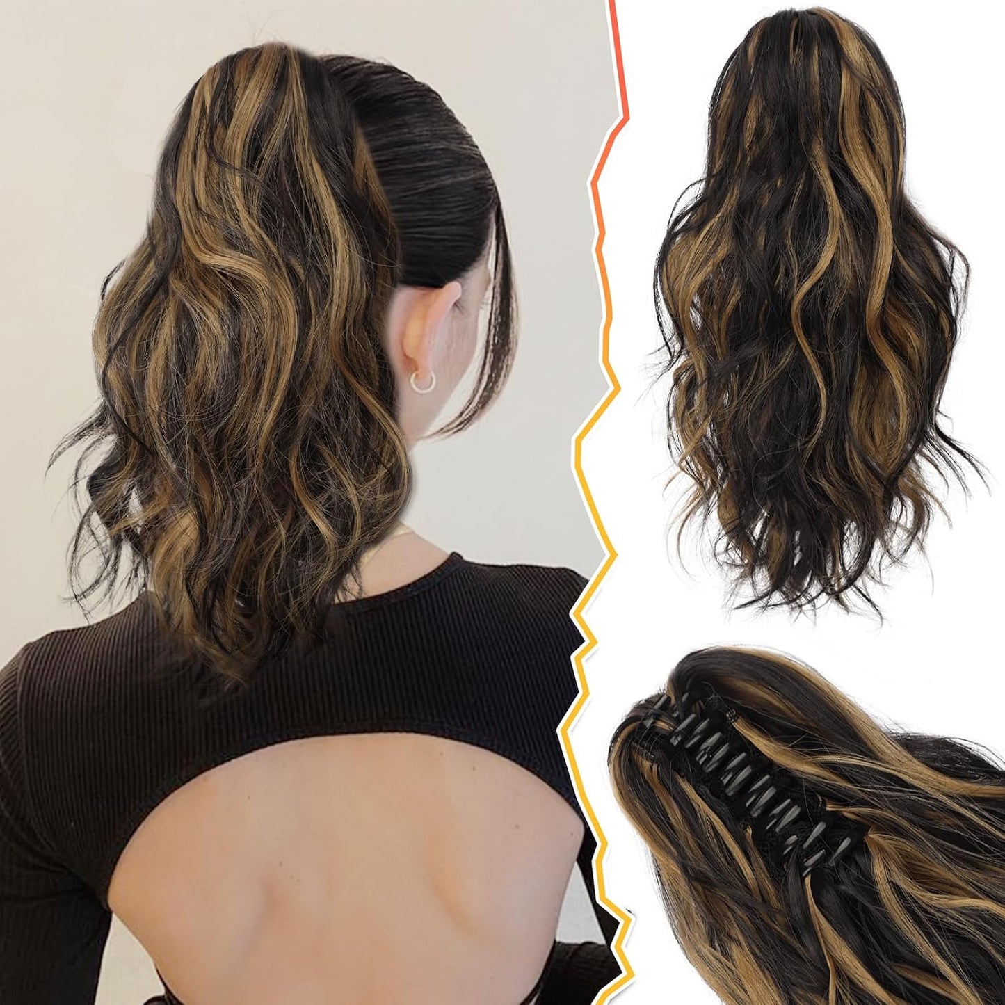 Claw Clip Ponytail Extension - 20 Inch Black Wavy Synthetic Hair | Soft, Lightweight, Realistic Look