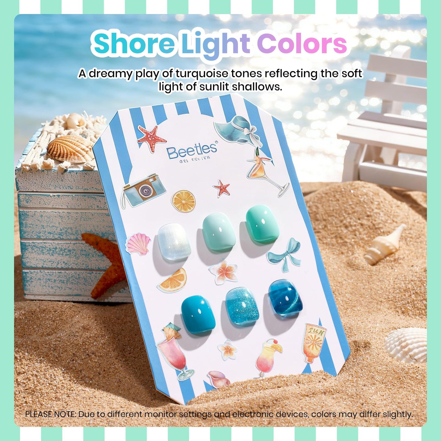 Beetles Blue Gel Nail Polish Set, Summer Voyage Shore Light Cat Eye Gel Polish 6 Colors Mint Green Lyons Nail Gel with Nail Art Stickers & Scrunchie, Soak Off Uv Manicure Kit Gift for Women