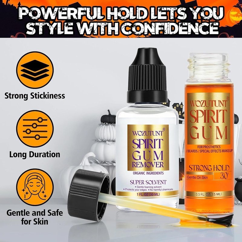 Spirit Gum Adhesive & Remover Kit - 15ml Professional Cosmetic Glue for Face, Skin, Body & SFX Makeup | Strong Hold for Bald Caps, Prosthetics, Cosplay Wigs