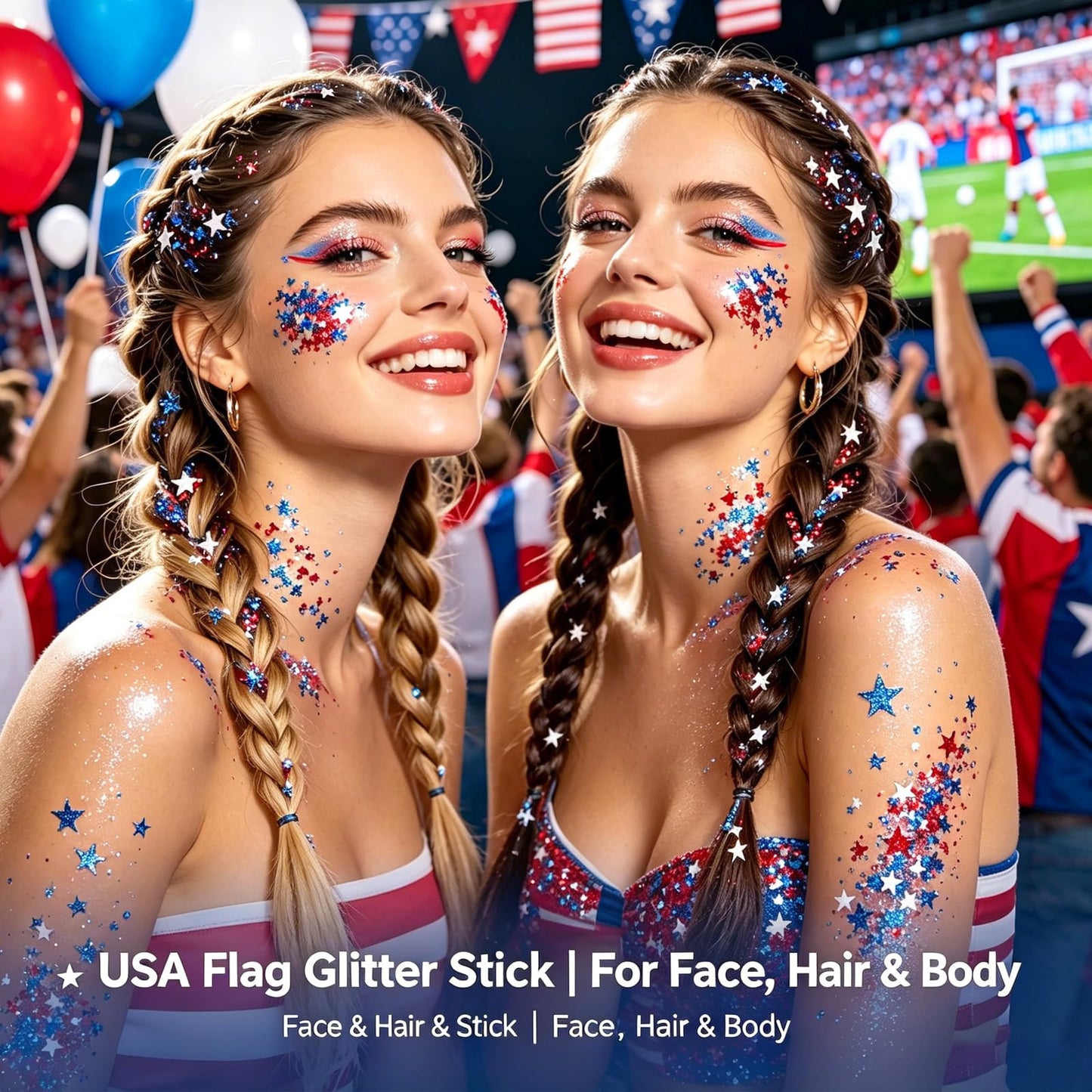 4th of July Glitter Stick, Patriotic Face Hair Glitter Stick, Fourth of July Outfit Accessories for Women Kids, Red White and Blue USA Accessories for Independence Day, Memorial Day