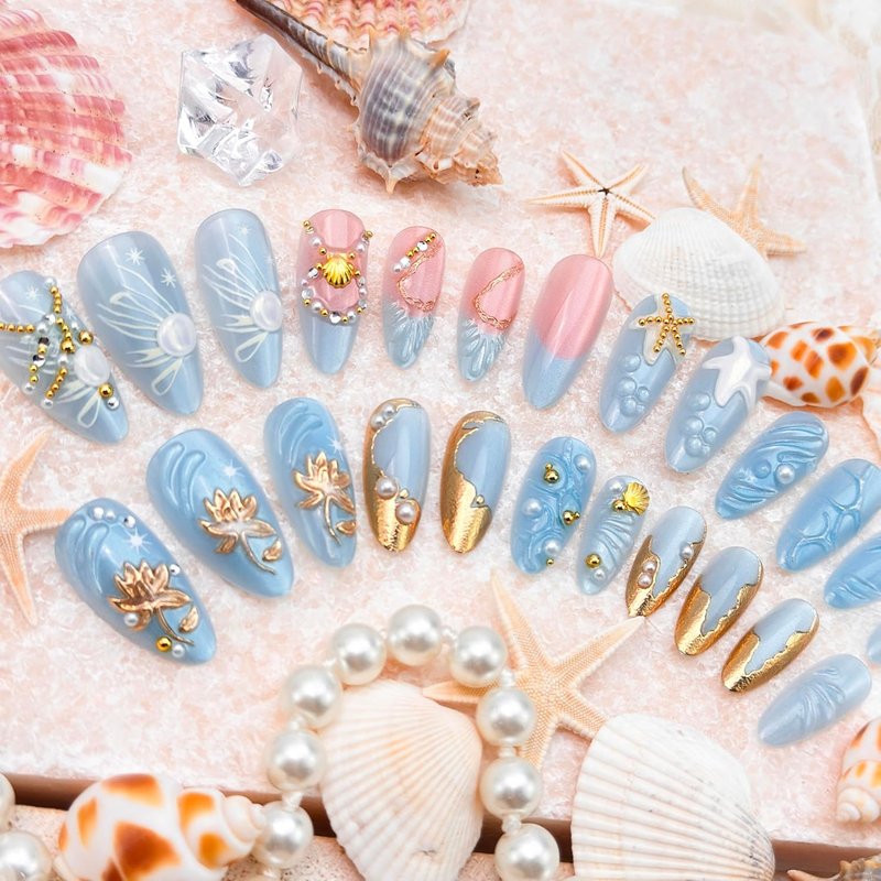 Tropical Almond Press-On Nails - 24Pcs 3D Seashell & Starfish Design | Ocean Blue Full Cover
