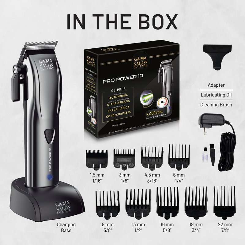 GA.MA Pro Power 10 Hair Clipper, Corded or Cordless, 9000 RPM Motor, DLC-Coated Blades, Lithium Battery, Adjustable Cutting Length