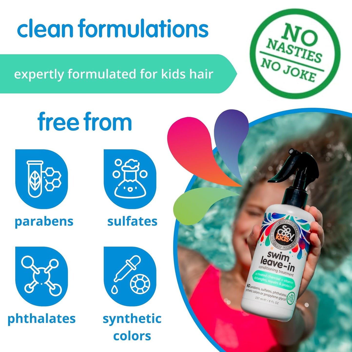 SoCozy Swim Leave-In Conditioner Spray for Kids | Protects & Repairs Pool & Sun Damaged Hair - 8 Fl Oz, Gentle Formula with Activated Charcoal & Vitamin B5