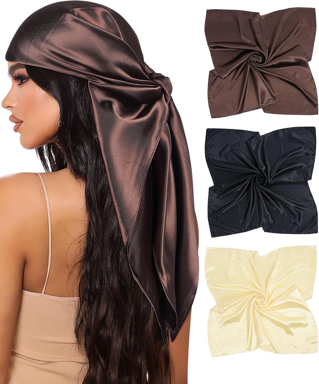 Silk Satin Head Scarf for Women - 35” Square Bandanas | 3 Pack Hair & Neck Scarves for Sleeping