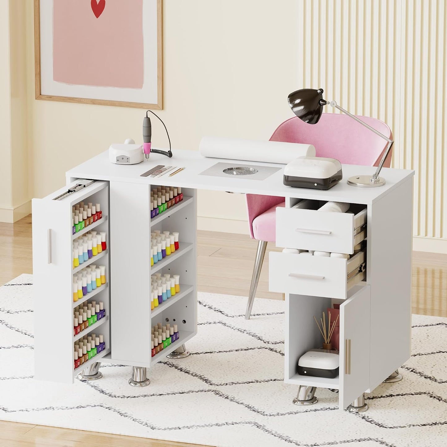 Manicure Table - Nail Desk with Dust Collector & Wrist Rest | Acetone Resistant Workstation with Drawers & White Leather Pad