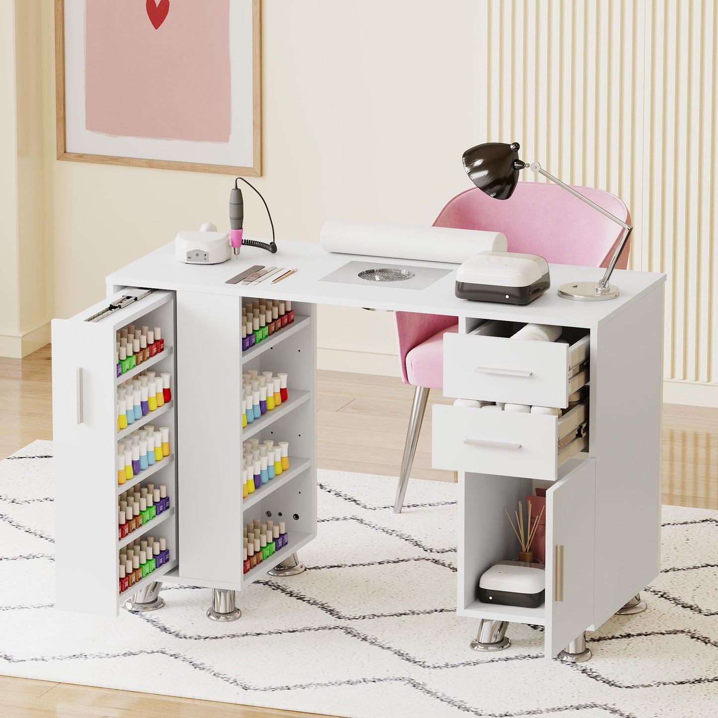 Kikihouse Manicure Table, Nail Desk w/Dust Collector & Wrist Rest, Nail Salon Station Acetone Resistant Workstation w/Drawers, Cabinet, White Leather Pad with Diamonds