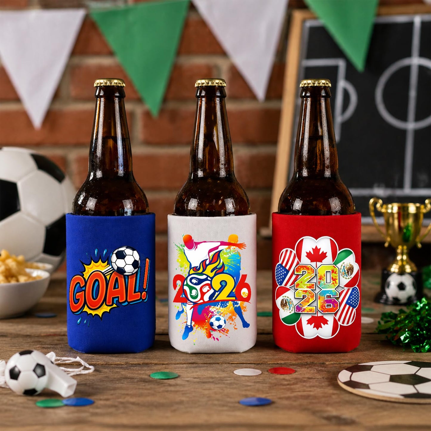 Soccer Sports Can Cooler 7 Pcs Reusable Neoprene Beer Sleeve Insulator Gifts for Soccer Fans, Football Watch Parties & Sports Events