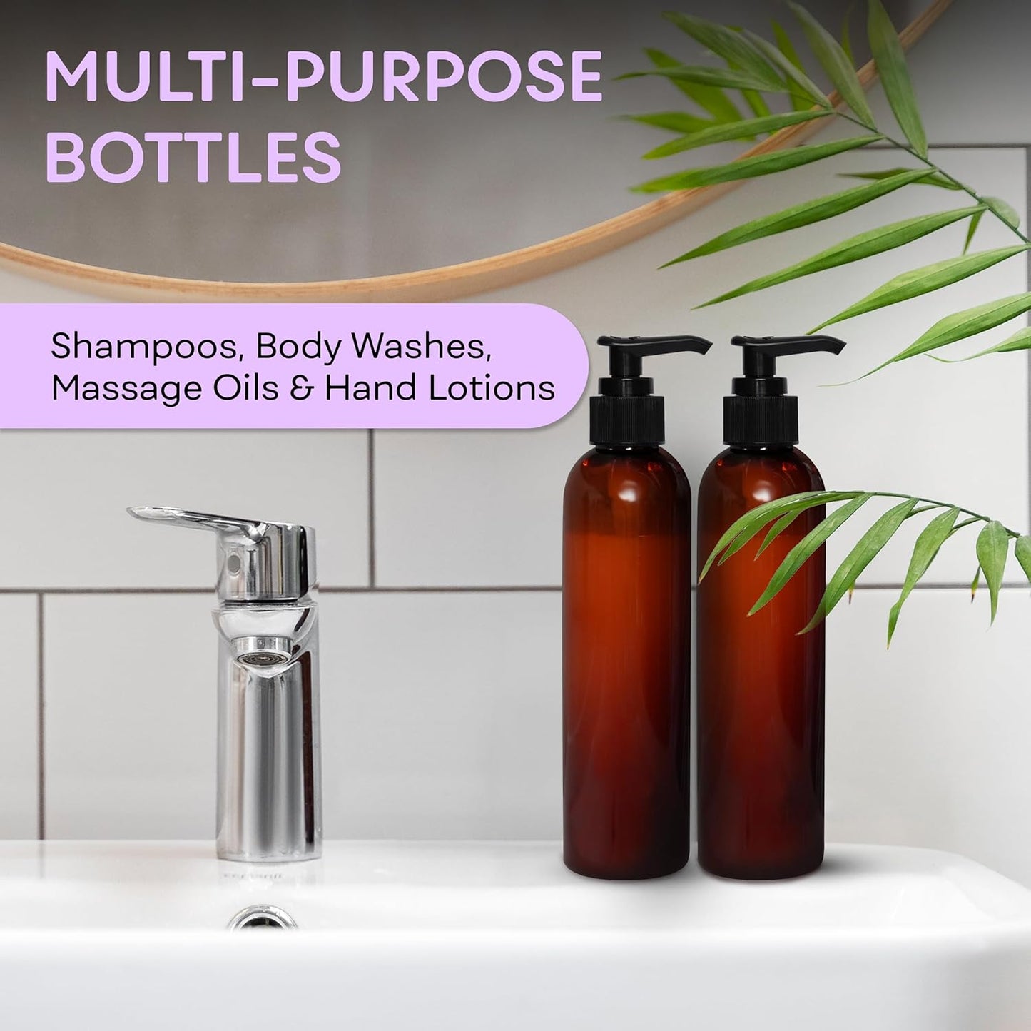 Lotion Pump Bottles - 8 Oz BPA-Free Refillable Amber Plastic Containers | Black Dispenser for Soap, Shampoo, Lotions & Creams (2 Pack)