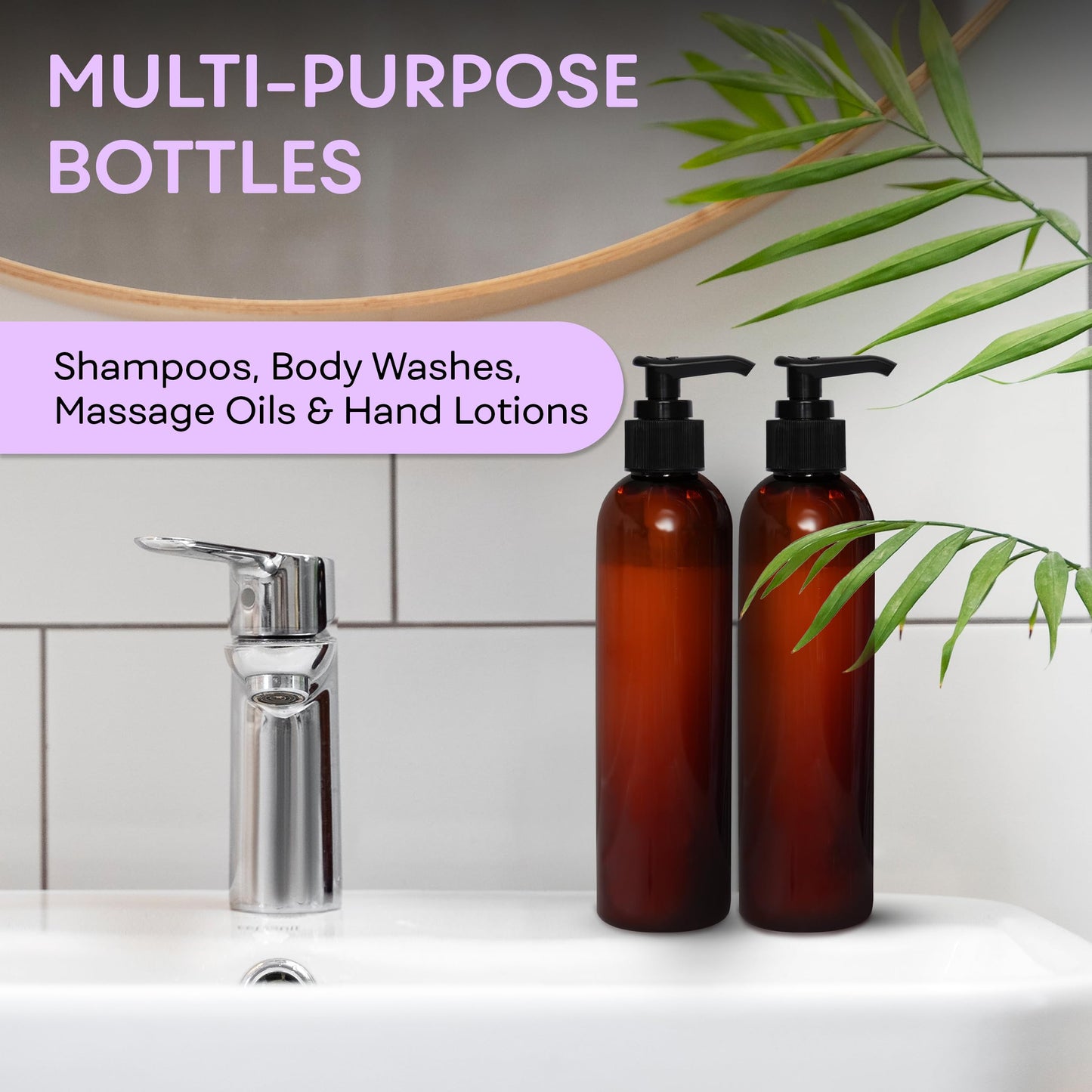BRIGHTFROM Lotion Pump Bottles, Empty 8 OZ, BPA-Free Refillable Plastic Containers, Amber with Black Dispenser for - Soap, Shampoo, Lotions, Liquid Body Soap, Creams and Massage Oil (2 Pack)