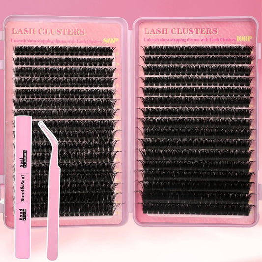 Lash Extension Kit - 640 Pcs Volume C Curl Eyelash Clusters | DIY Cluster Extensions with Bond & Tweezers