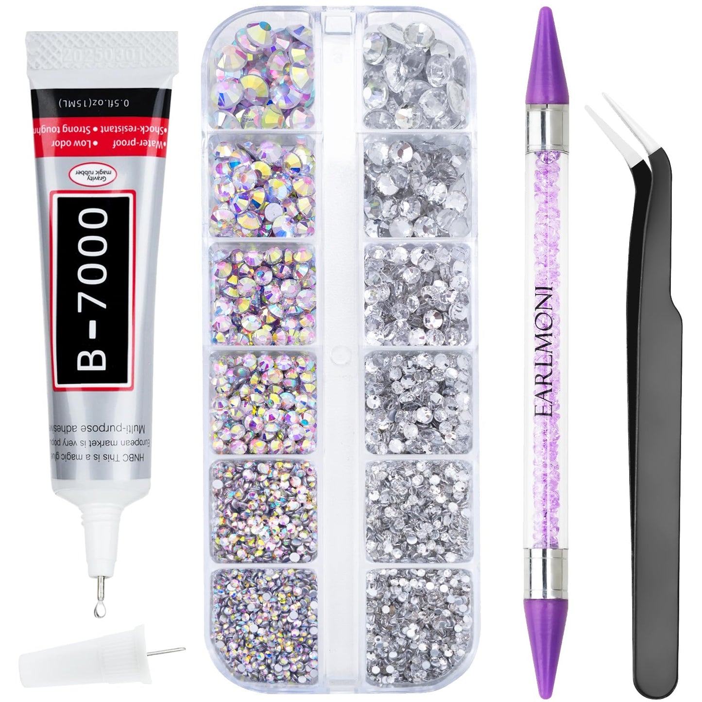 5200PCS Silver & AB Flatback Rhinestones for Crafts, EARLMONI Iridescent Crystal Rhinestone Bedazzling Kit with B7000 Jewelry Glue Rhinestone Picker Tool for Nail Art Makeup Face Clothing Shoes DIY