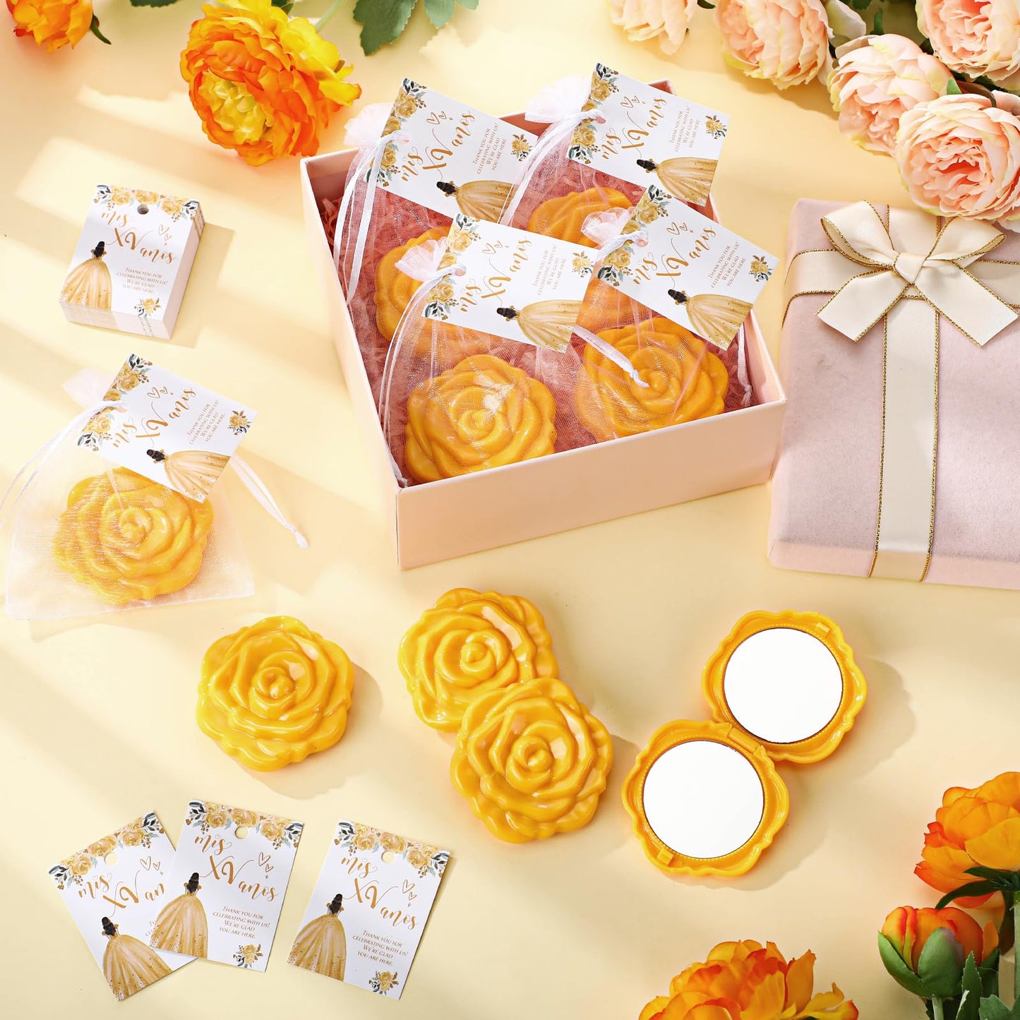 Wenqik 50 Sets Quinceanera Party Favors for Guests Rose Design Compact Pocket Mirrors Quinceanera Cards Thank You Gift and Organza Bags Birthday Party Favor (Gold)