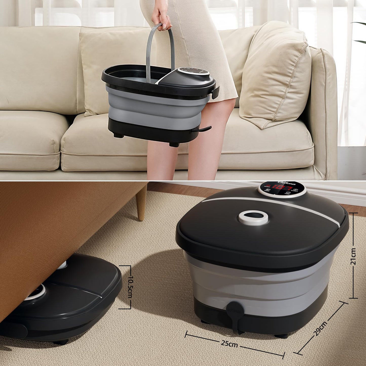 GEHONA Collapsible Foot Spa Bath with Heat, Foot Massager with Two Side Supports, Leakage Protector, Temperature Control, Bubbles, Red Light, Timer, Feet Soaker, Gifts (Deep Black)