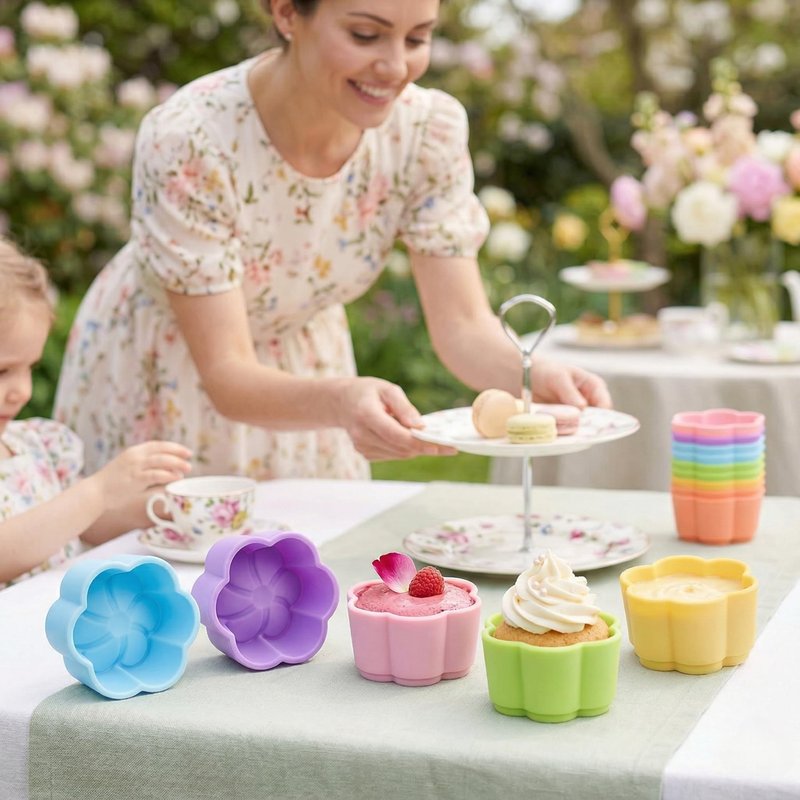 Mini Begonia Silicone Baking Cups Pack of 24 - Reusable Cupcake Liners Muffin Pan Molds 2 inch (5cm) - Nonstick Small Truffle Chocolate Jello Cups in 6 Colors Mini Begonia