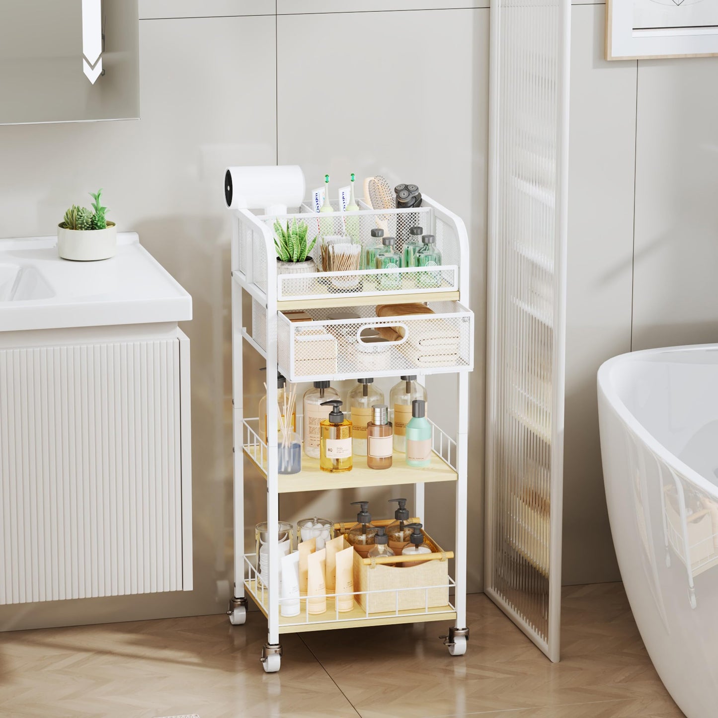 HapiRm Makeup Organizer Storage Cart - 4 Tier Skincare Make Up Storage with Drawer, Rolling Makeup Cart Vanity Organizer Cosmetics Display Cases Holder for Skin Care Perfume Nail Polish Brush
