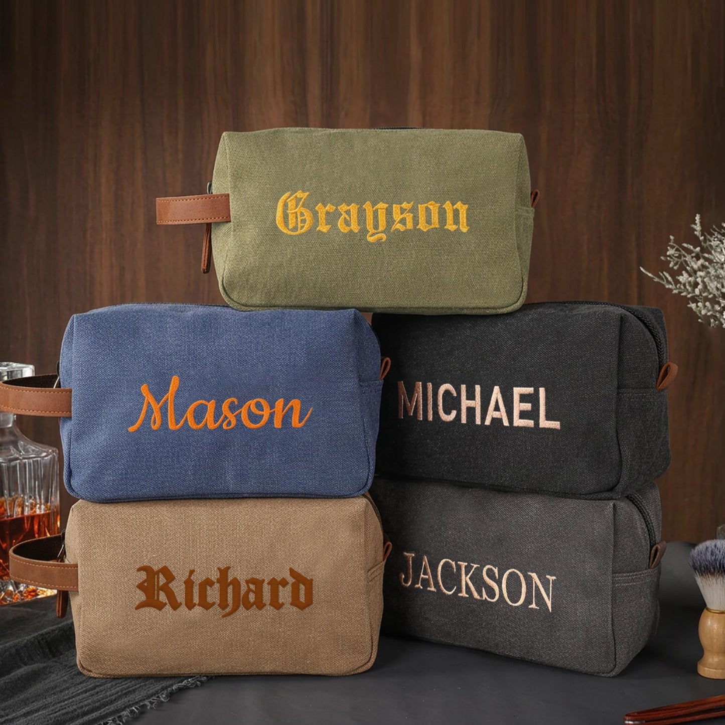 Fincekoom Personalized Embroidered Travel Toiletry Bag for Men, Custom Canvas Shaving Dopp Kit with Name, Customized Fathers Day Toiletry Bags Gifts for Husband Dad Grandpa Boyfriend
