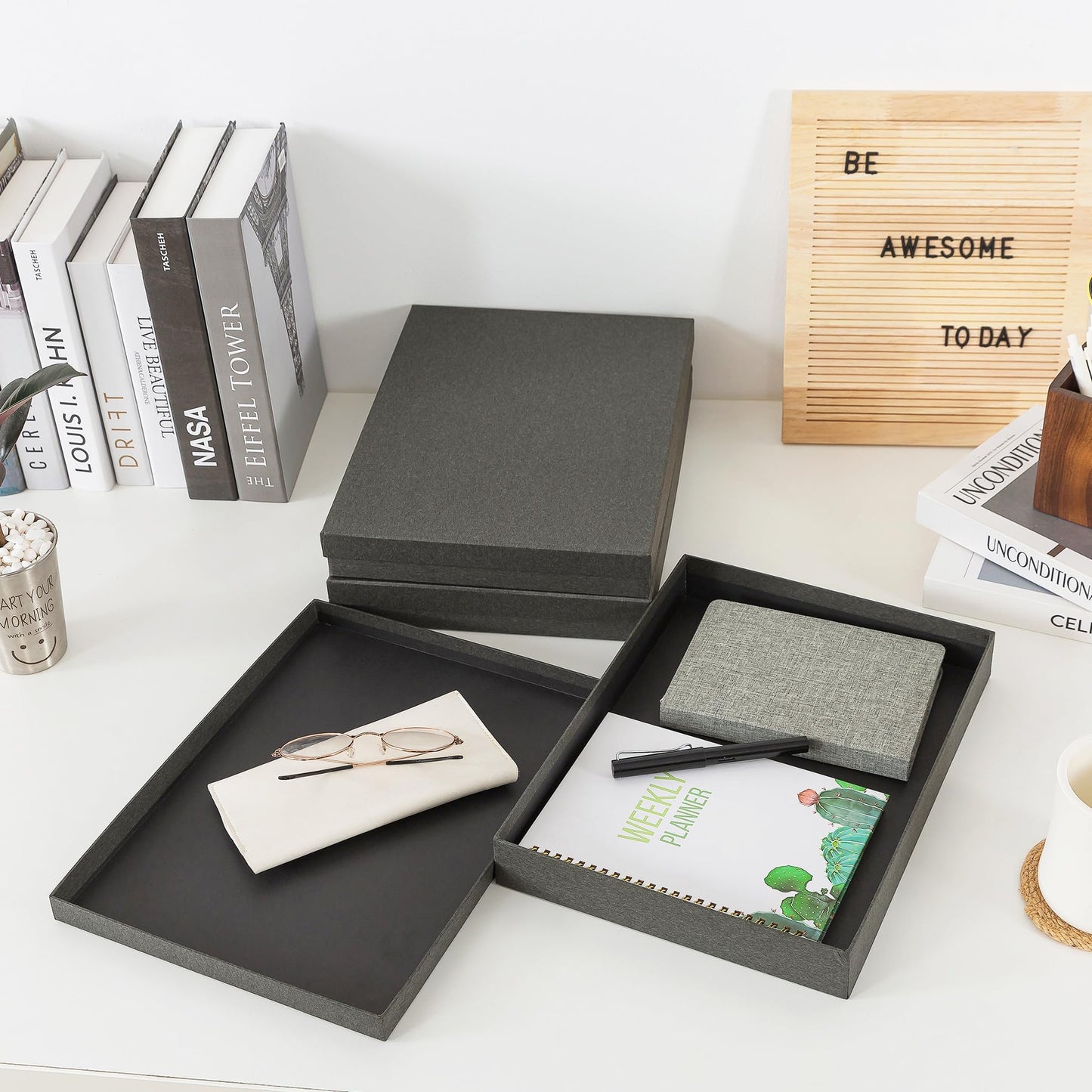 Soul & Lane Document Storage Boxes - Set of 3 (13.2" x 9.8" x 1.8"), Versatile Photo & Craft Organizer for Home & Office, Stackable Cardboard Storage for Letters, Files & Memorabilia, Slate Gray