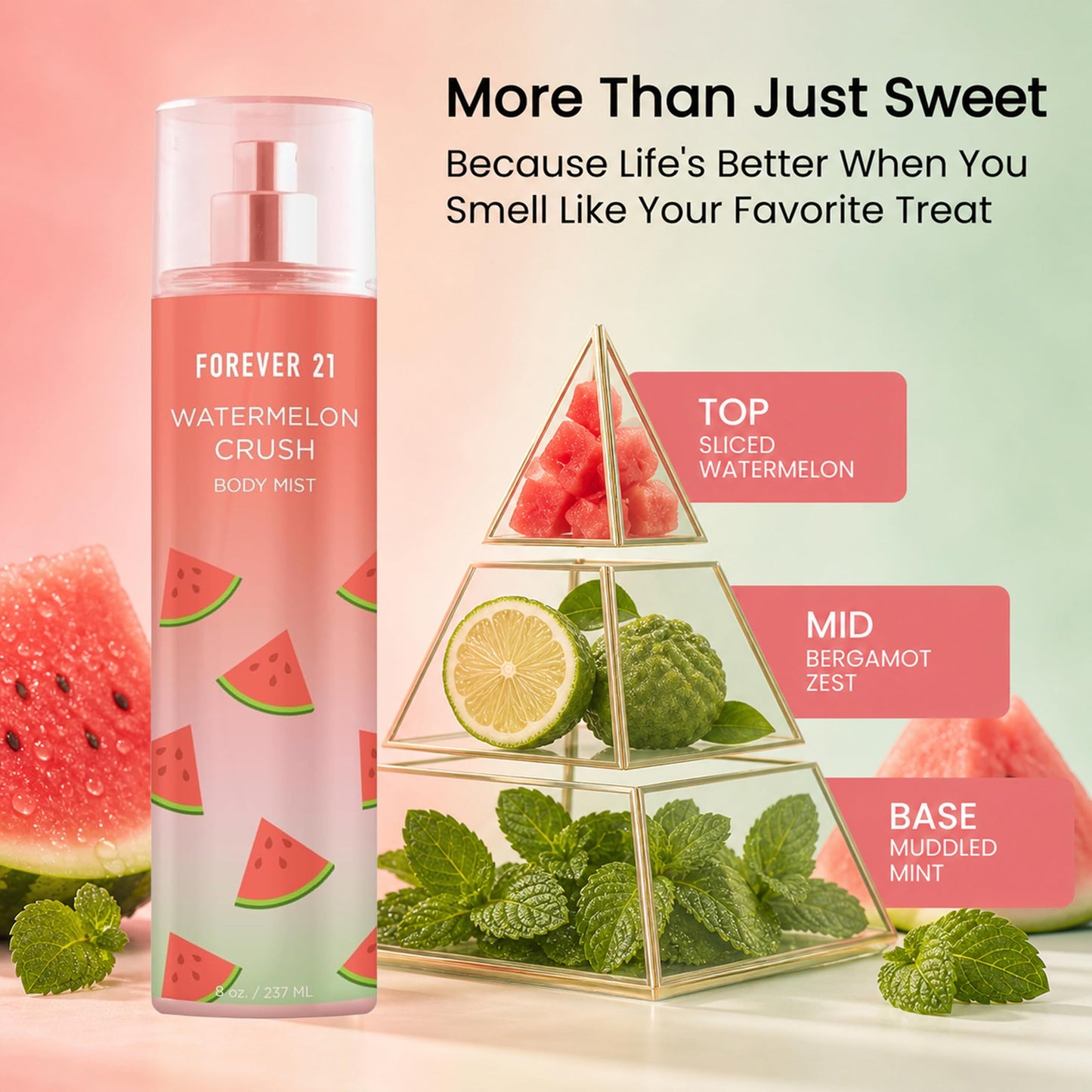 Forever 21 Watermelon Crush Body Spray Mist | Lightweight & Refreshing Everyday Scent | Sweet Body Spray with Fresh Sliced Watermelon Top Notes, Bergamot Zest and Muddled Mint | 8 fl. oz.