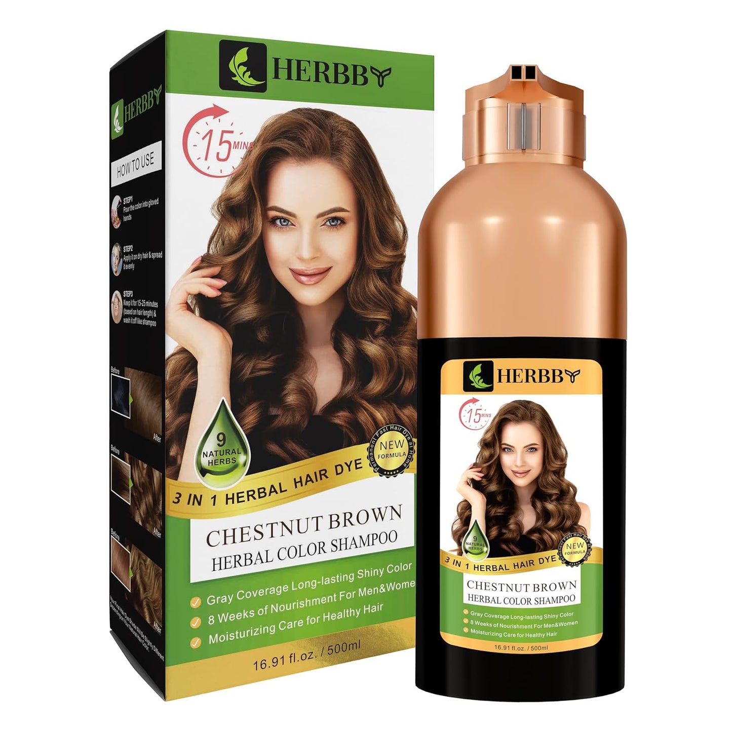 Gray Hair Coverage Shampoo & Conditioner - 9 Herbal Extracts for Long-Lasting Color | Chestnut Brown, 500 ml