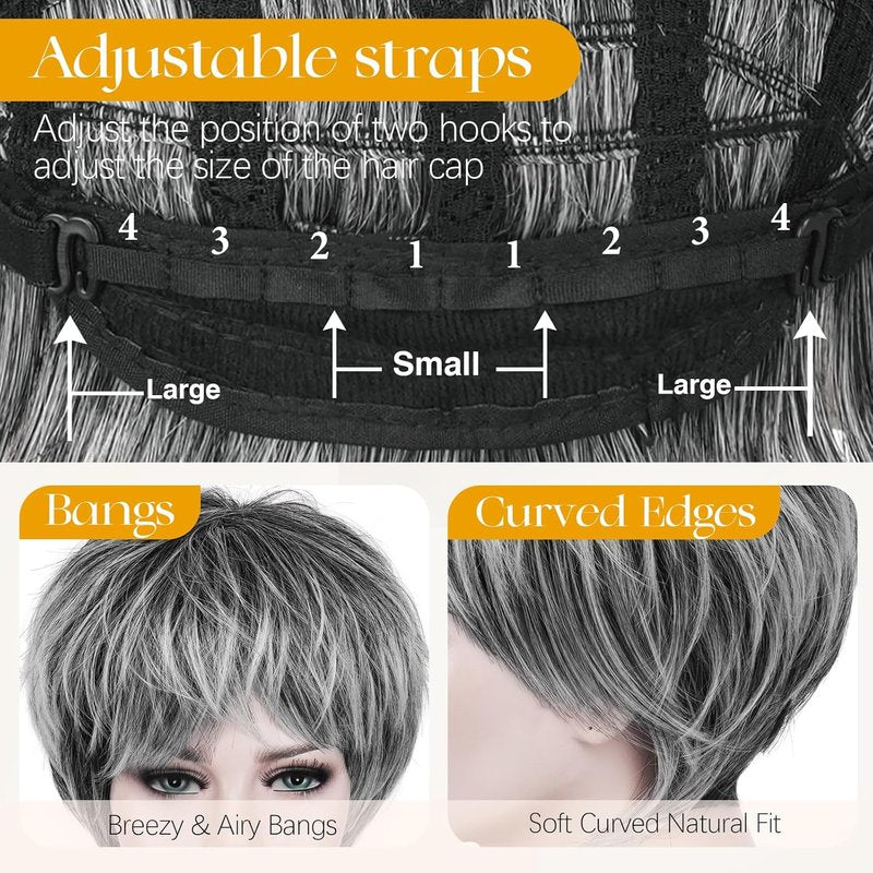 Pixie Cut Wig - Short Gray Synthetic Wig with Bangs | Heat Resistant, Natural Look for Daily Wear
