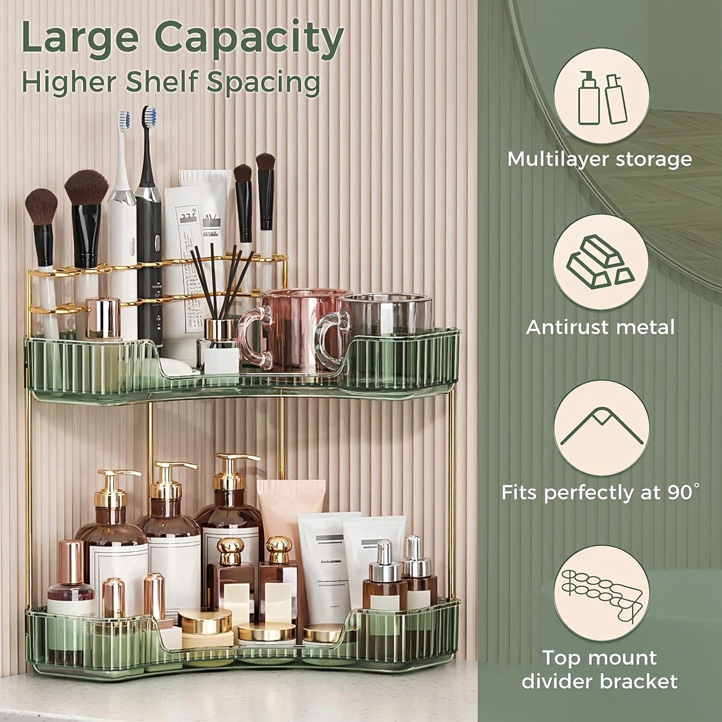 Corner Bathroom Counter Organizer - 2-Tier Makeup & Skincare Storage with Brush Holder | Green
