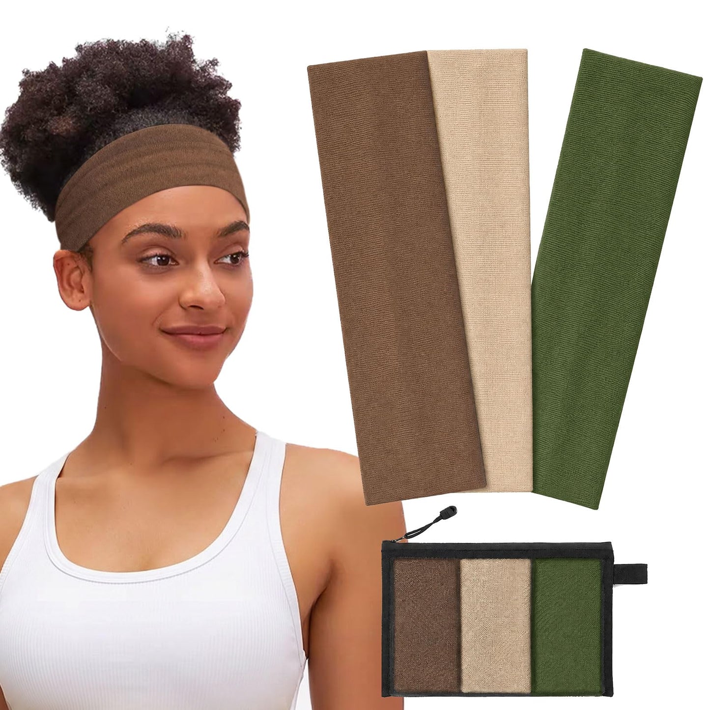 WENNKINN Headbands for Women Non Slip, Soft 95% Cotton Elastic Cloth Hairband for Workout Gym Running Sports, Sweat Wicking Wide Headband, 3 Pack with Bag(Brown, Khaki, Military Green)