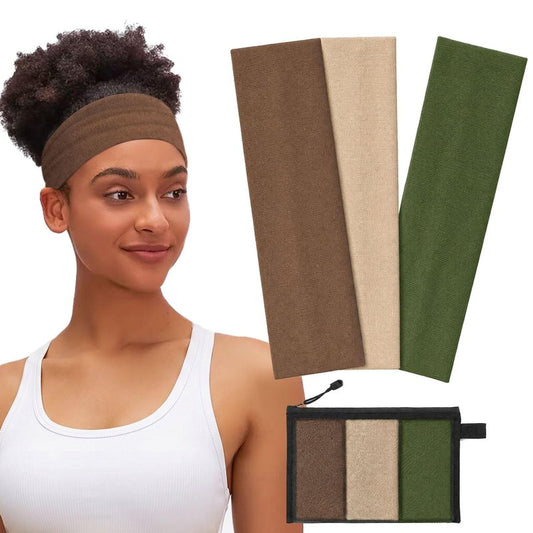 WENNKINN Headbands for Women Non Slip, Soft 95% Cotton Elastic Cloth Hairband for Workout Gym Running Sports, Sweat Wicking Wide Headband, 3 Pack with Bag(Brown, Khaki, Military Green)