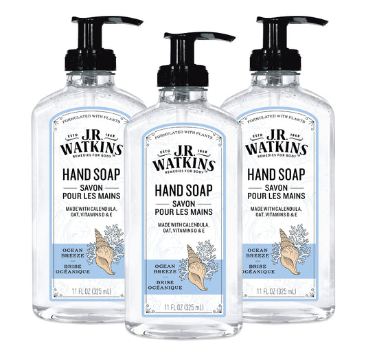 J.R. Watkins Gel Hand Soap, Scented Liquid Hand Wash for Bathroom or Kitchen, USA Made and Cruelty Free, 11 fl oz, Ocean Breeze, 3 Pack