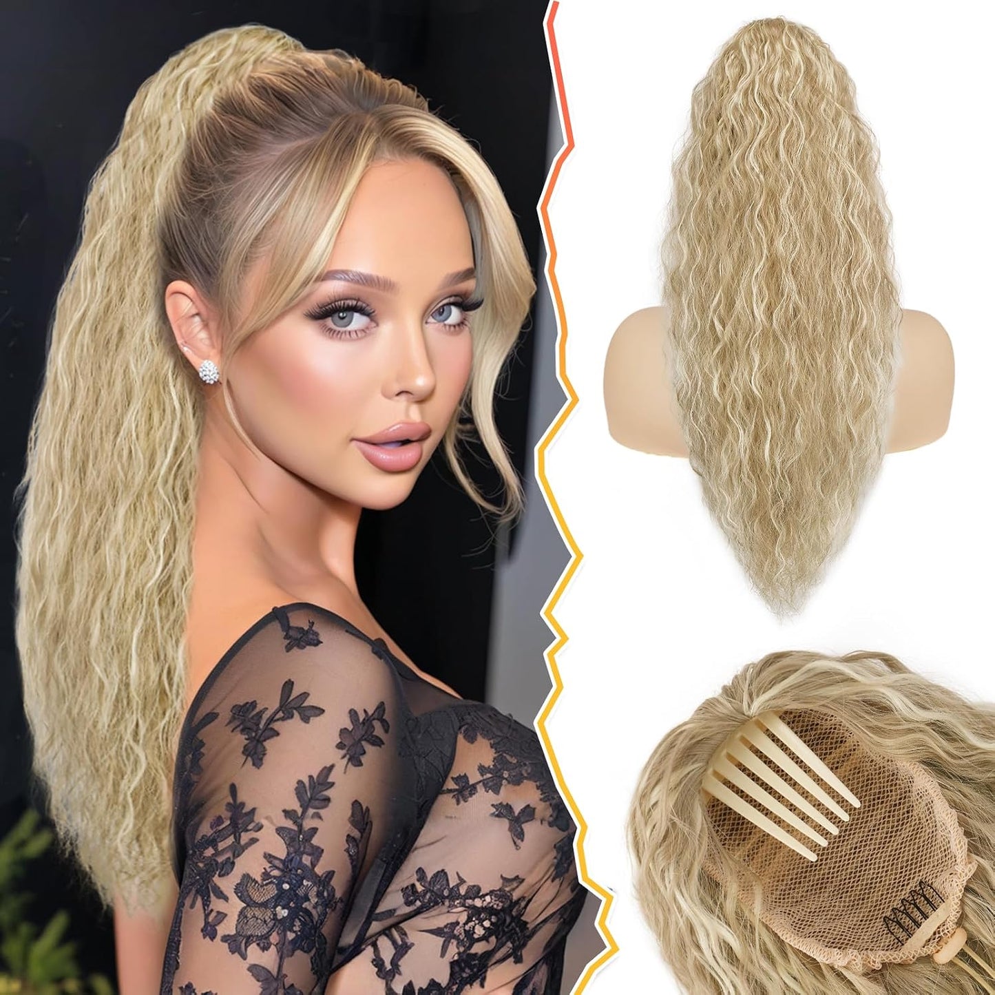 22 Inch Black Curly Wavy Drawstring Ponytail Extension - Synthetic Clip-In Hairpiece for Voluminous Bohemian Style